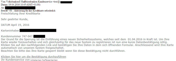 Phishing-Mail Kreditkarte aktivieren Ansicht Phishing-Mail Kreditkarte aktivieren