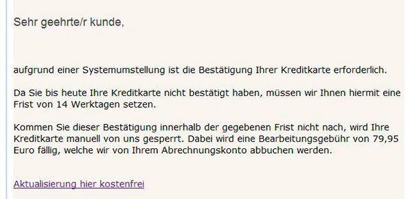 Phishing-Mail Kreditkarte Online-Händler Ansicht Phishing-Mail Bestätigung Ihrer Kreditkarte