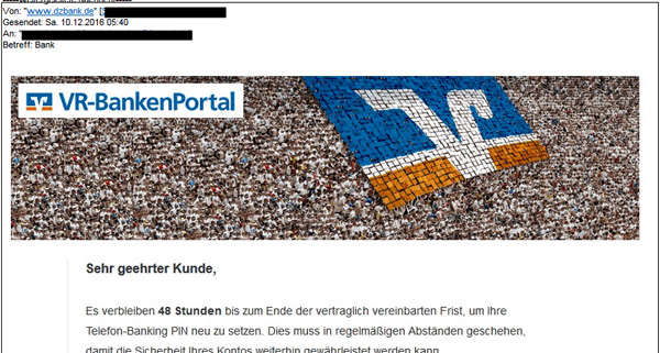 Phishing-Mail Telefonb-Bnking-PIN Beispiel einer Phishing-Mail mit angeblichem Absender DZ BANK und Logo des VR-BankenPortals